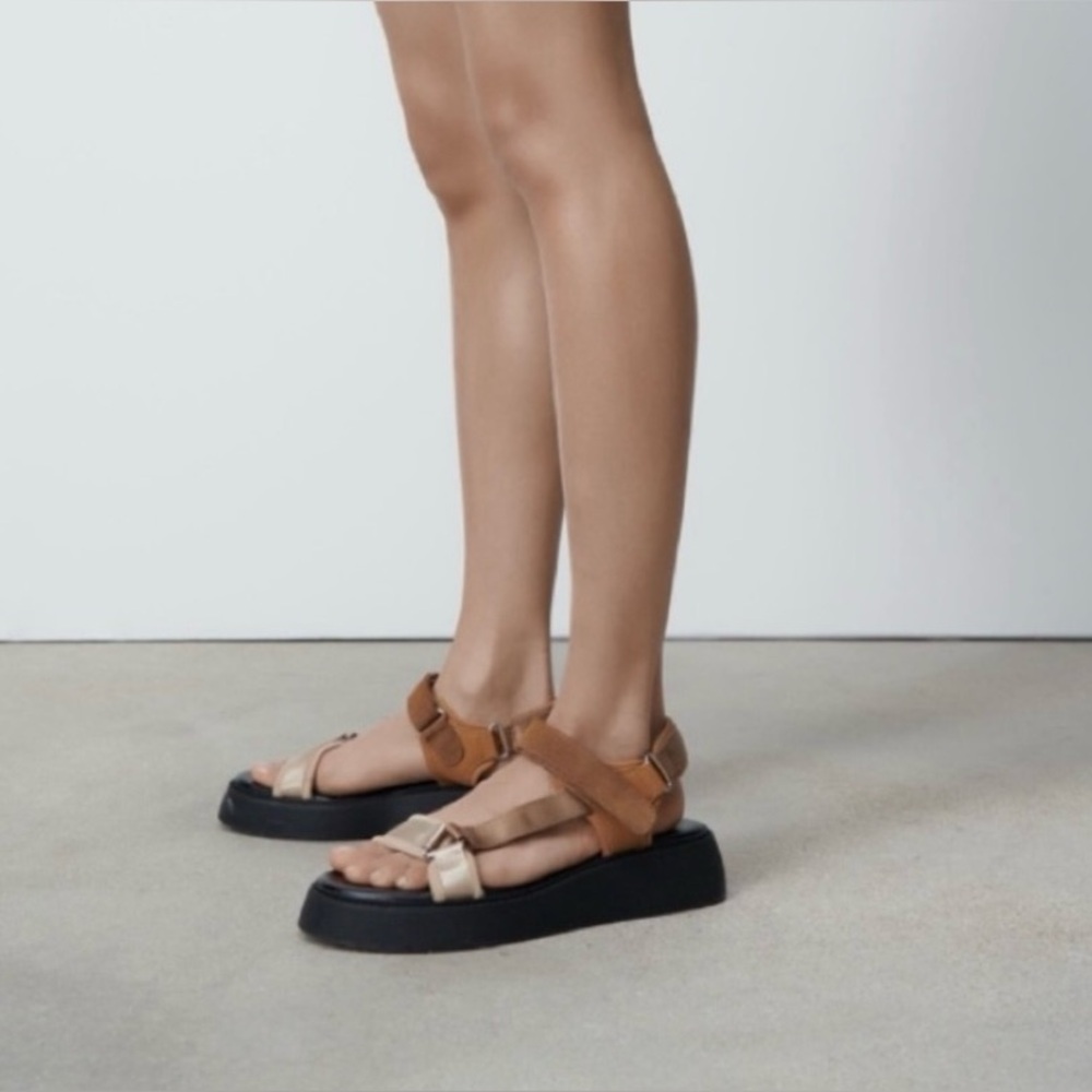 Zara Flat Strappy Dads Sandals Brown Sporty Style Thick Sole Women’s Size 36